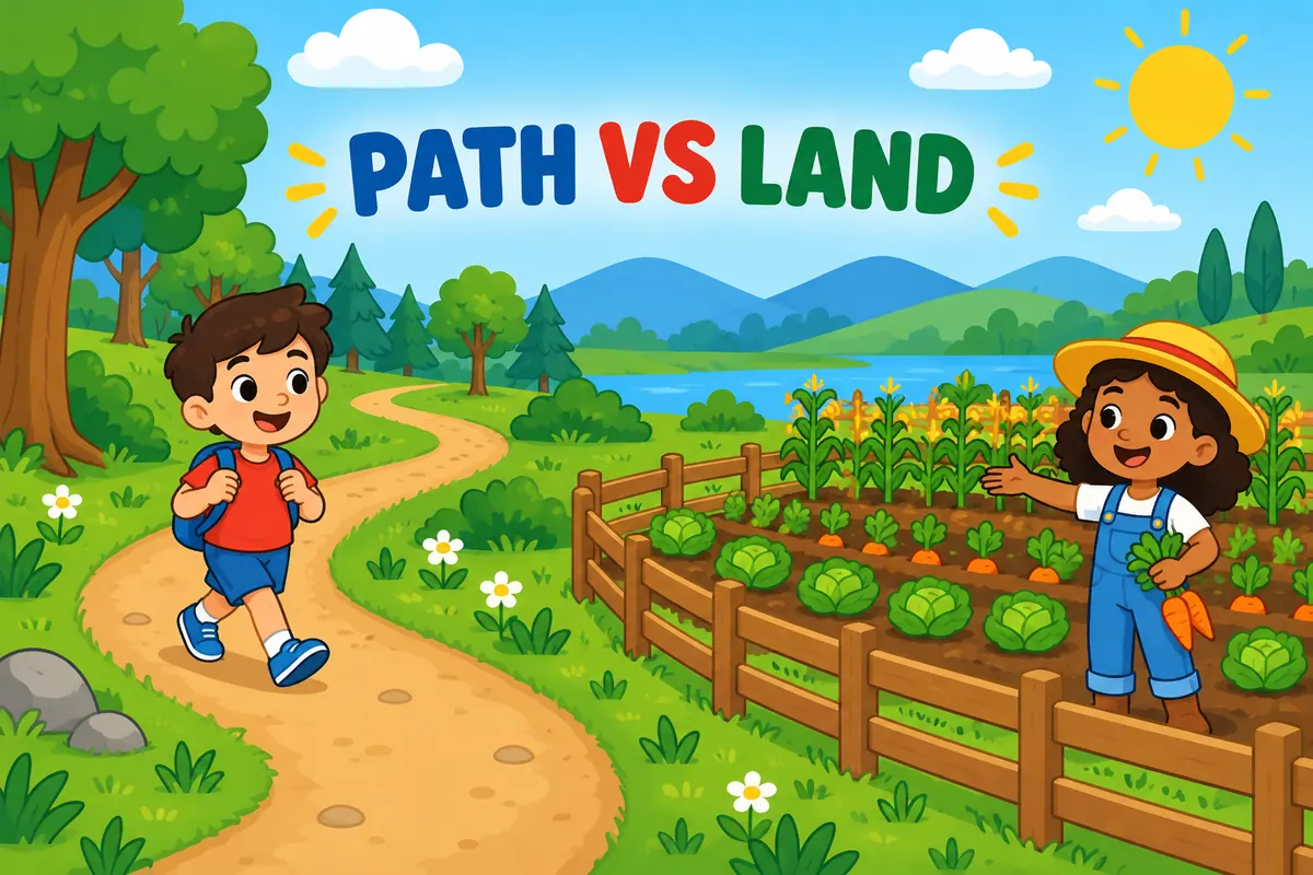 A cartoon scene contrasts a winding forest path with a fenced field, showing track vs tract as path against land.