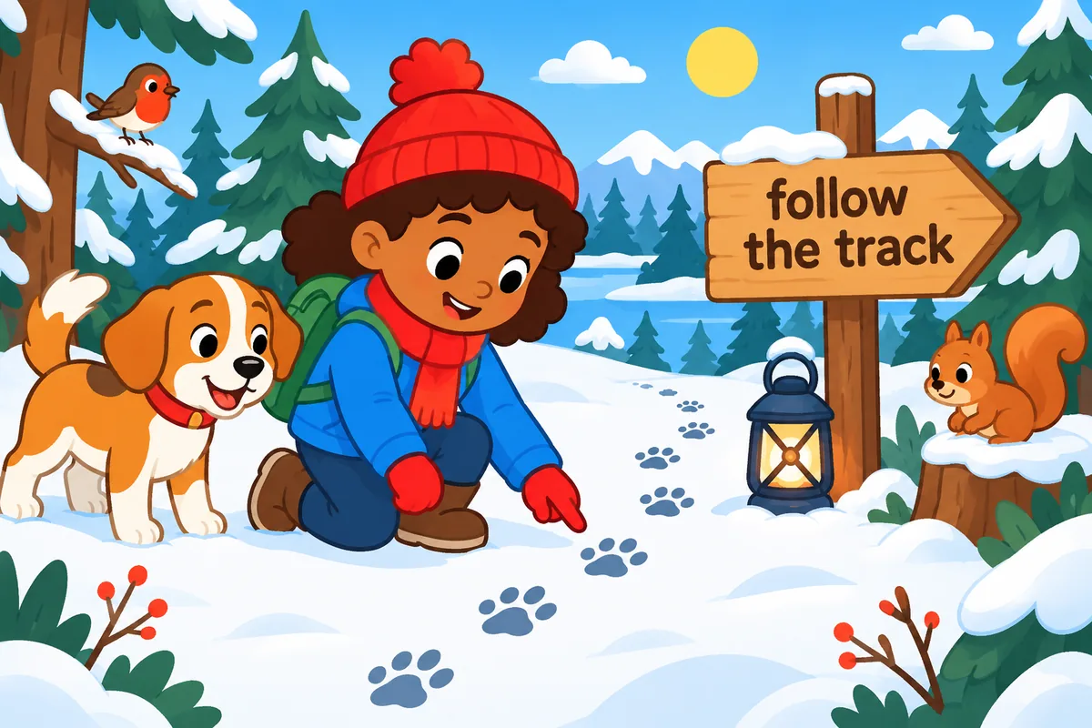 A cartoon child kneels to inspect a line of animal tracks in soft snow beside a signpost.
