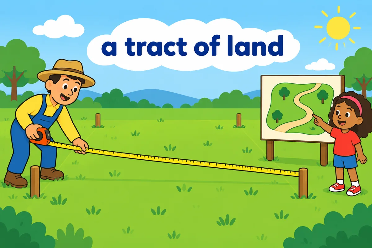 A cartoon surveyor measures a wide field with a long tape while a child points to a body diagram.