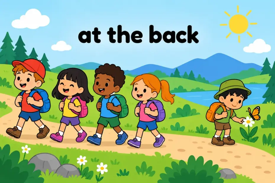 Cartoon child walks at the back of a hiking line, showing trail behind in a sentence as staying behind a group.