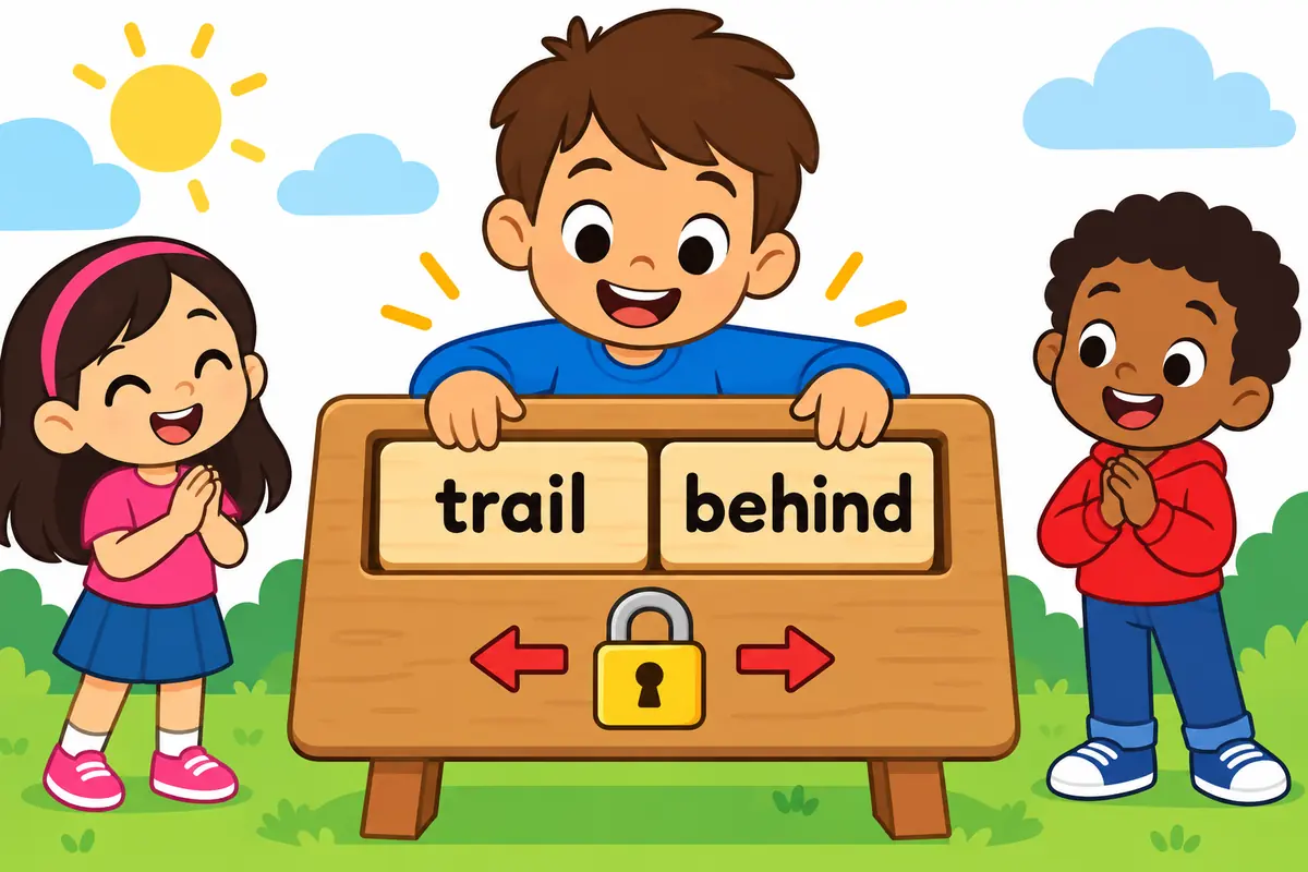 A cartoon card arranges the phrase trail behind in order, with the word behind fixed at the end.