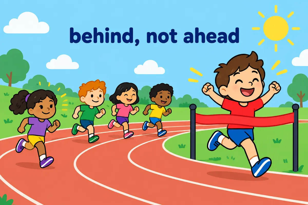 A cartoon race scene shows a leader far ahead and one runner at the back, contrasting to lead with to trail behind.