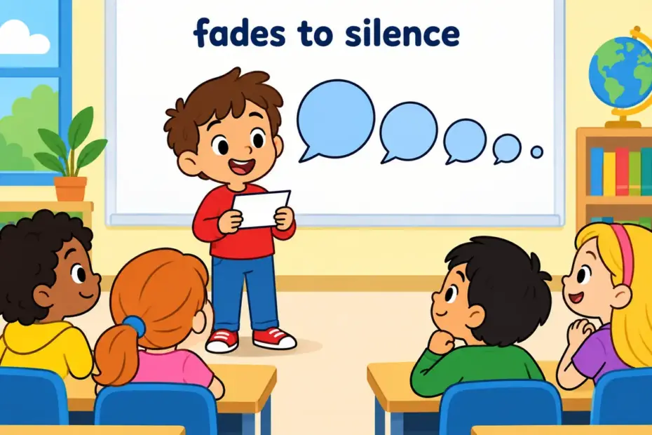 A cartoon child reads aloud as shrinking speech bubbles show trail off in a sentence as a voice fading away.