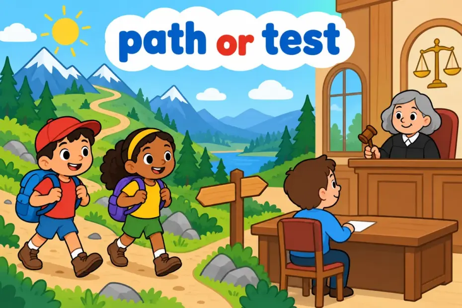 A single cartoon scene contrasts hikers on a mountain trail with a courtroom scene, showing the trail vs trial choice as a path or a test.
