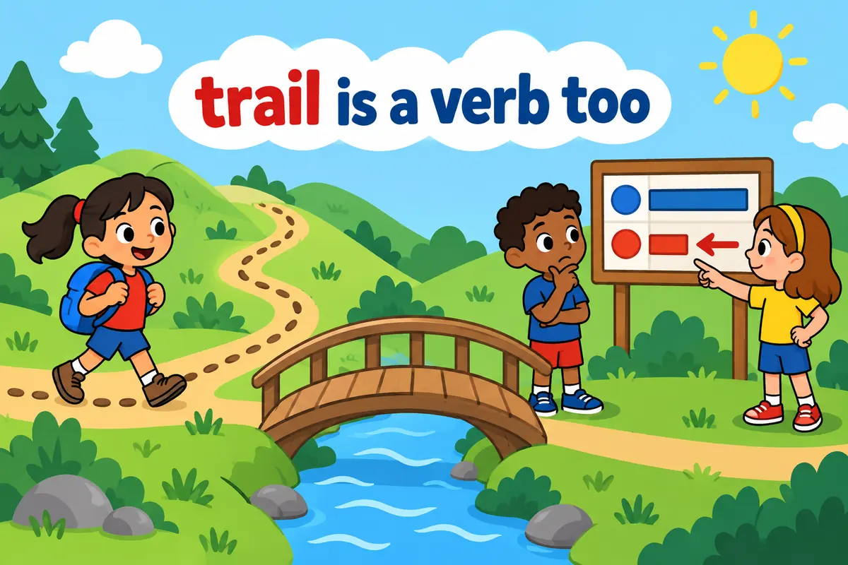 A cartoon child walks a path while another child checks a scoreboard, showing trail working as both a noun and a verb.