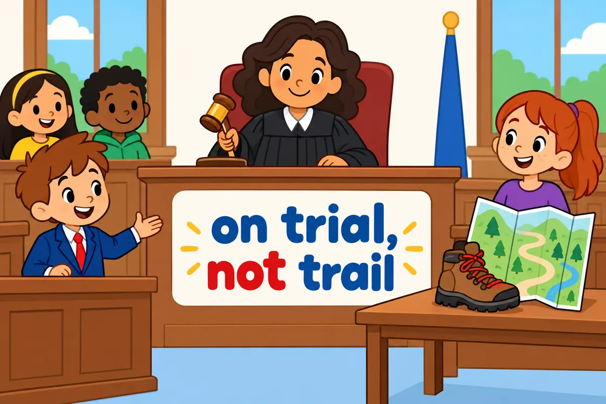 A judge sits beside a hiking boot and trail map, illustrating trial versus trail.