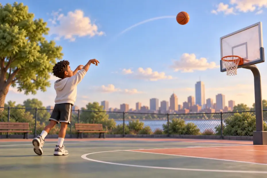 A basketball arcs toward a hoop to illustrate the curved path called a trajectory.
