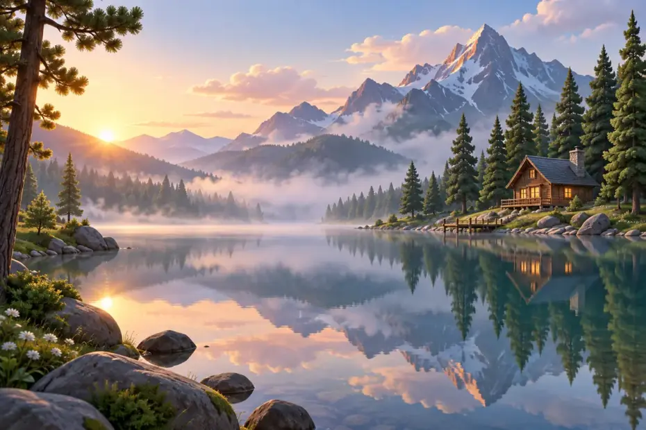 A still lake reflects pine trees and a small cabin in the morning mist.