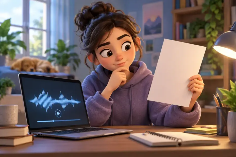 A student holds a document beside a laptop displaying an audio waveform.