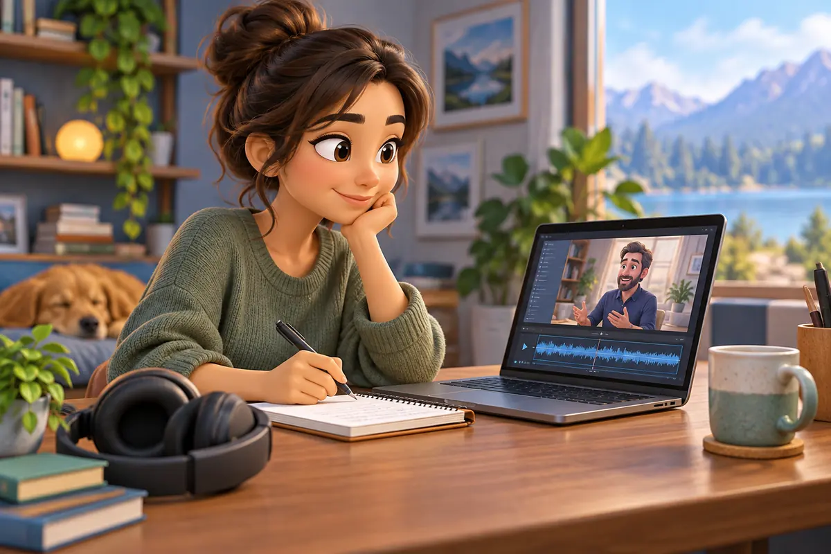A researcher checks a recorded interview beside headphones and a laptop.