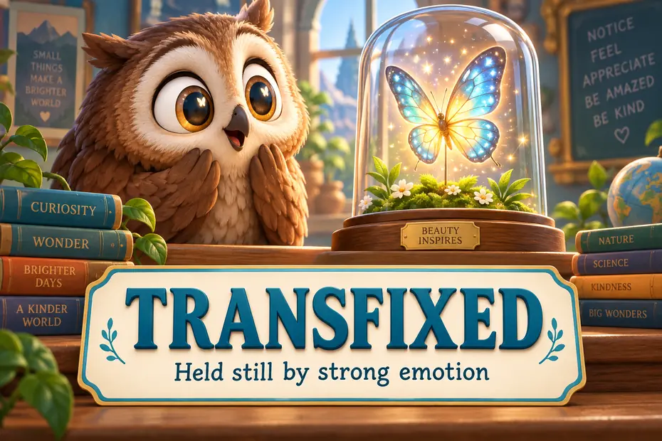 Transfixed means held still by strong emotion.