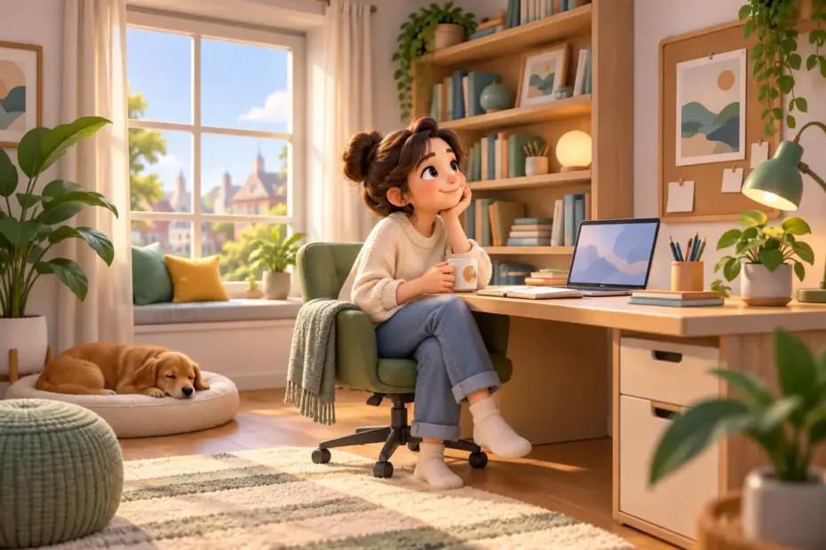An organized study illustrates a changed room.