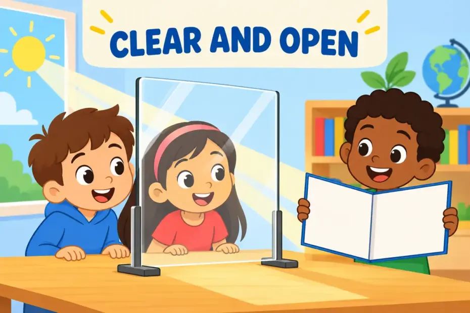 Cartoon children look through a clear window pane and read an open folder, showing transparent in a sentence as clear and honest.