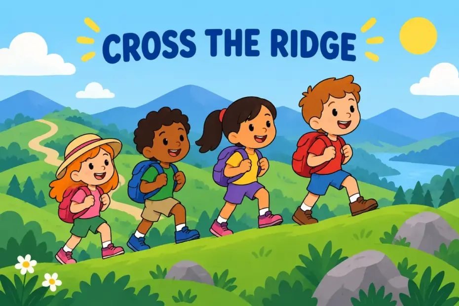 Cartoon children hike in a line across a grassy ridge with hills behind them, illustrating traverse in a sentence.