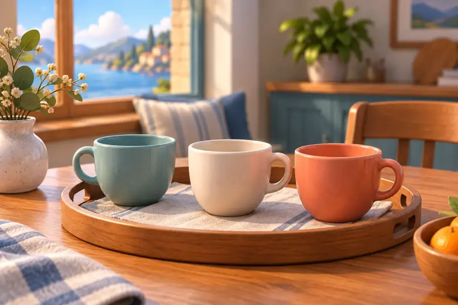 A tray holds three empty cups on a table.