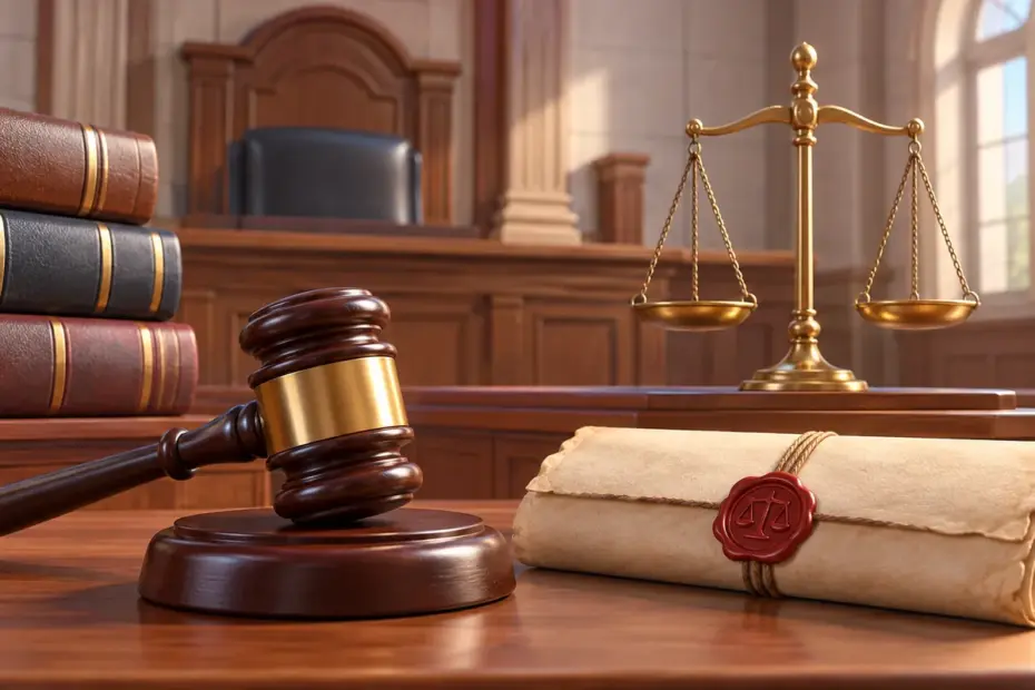 A sealed historical document and balanced scales sit in a courtroom.
