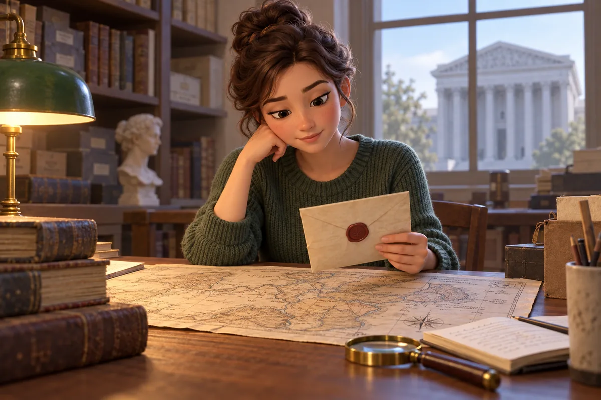 A student studies a sealed letter and map in a history archive.