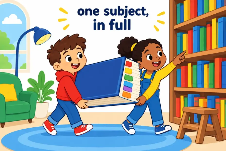 Cartoon children shelve a thick, neatly ordered book beside a tall ladder in a library, illustrating treatise in a sentence.