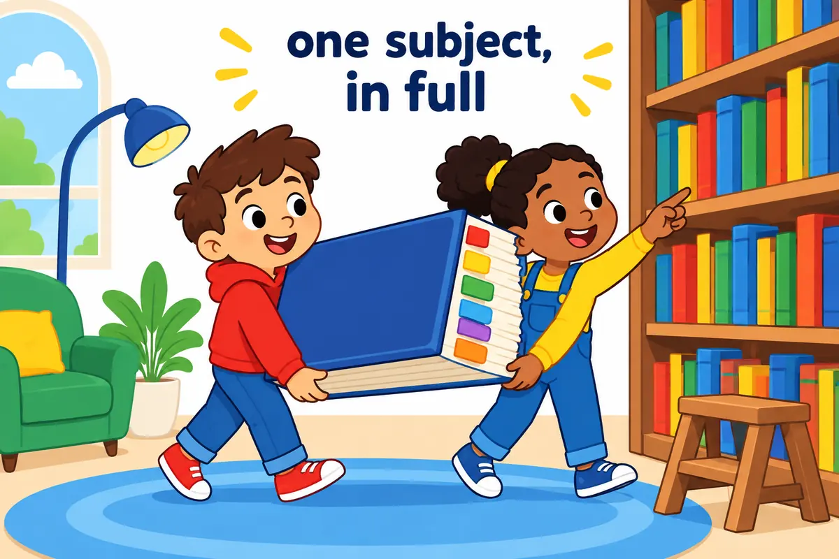 Cartoon children shelve a thick, neatly ordered book beside a tall ladder in a library, illustrating treatise in a sentence.