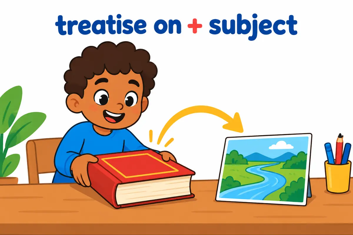 Cartoon cards show the word on linking a thick book to a picture of a river, showing the pattern treatise on.
