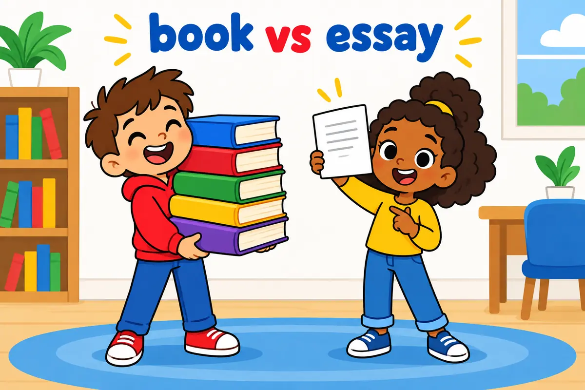 Cartoon single scene contrasts a tall stack of thick books nearby with a single folded sheet alongside.