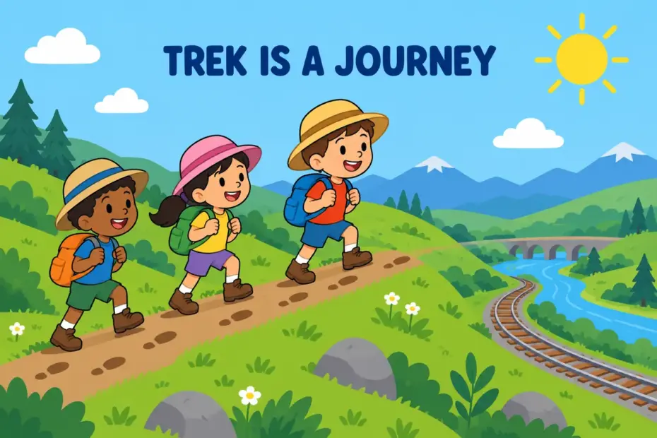 Cartoon children trekking a long hill trail beside a marked railway track, showing trek vs track in a sentence.