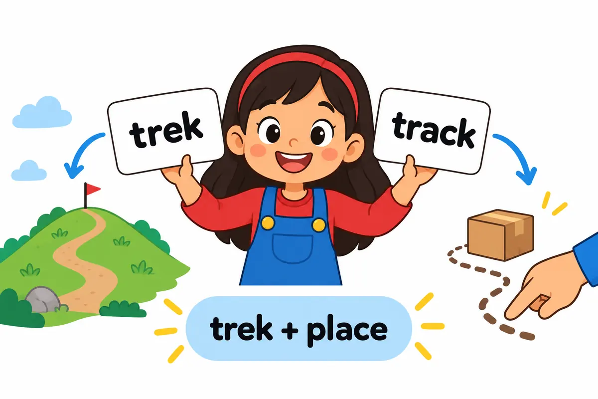 Cartoon word cards show trek pointing to a hill and track pointing to a hand that follows a parcel.