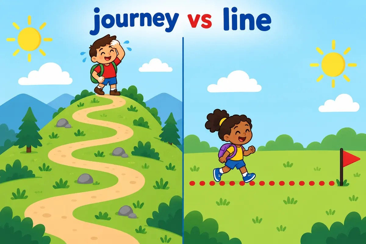 A cartoon split scene contrasts a tired child walking a long hill with a cheerful child following a short marked line.