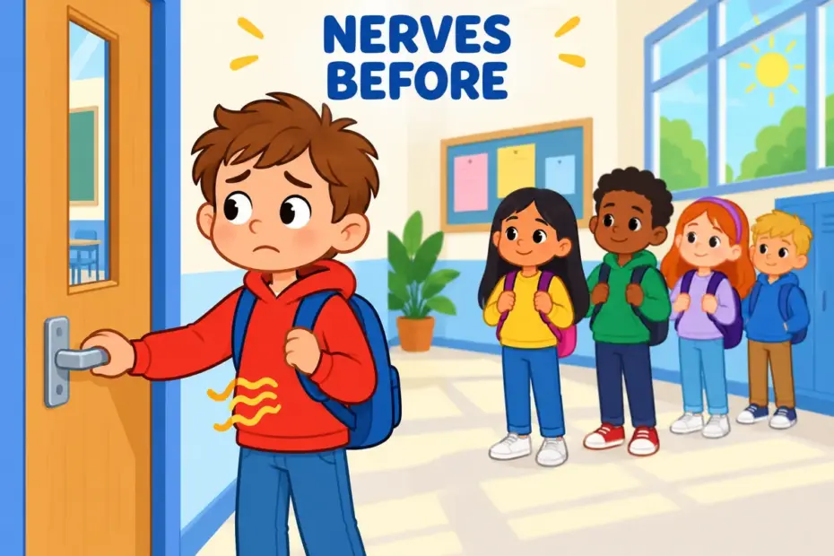 Cartoon child pauses outside a classroom door with a slightly worried face, showing trepidation in a sentence as nerves before a new event.