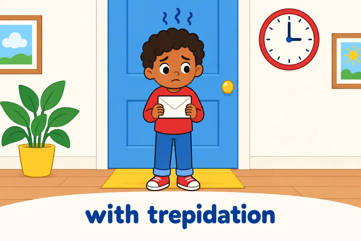 A cartoon child pauses at a closed door holding an unopened envelope, with small wavy lines above their head.