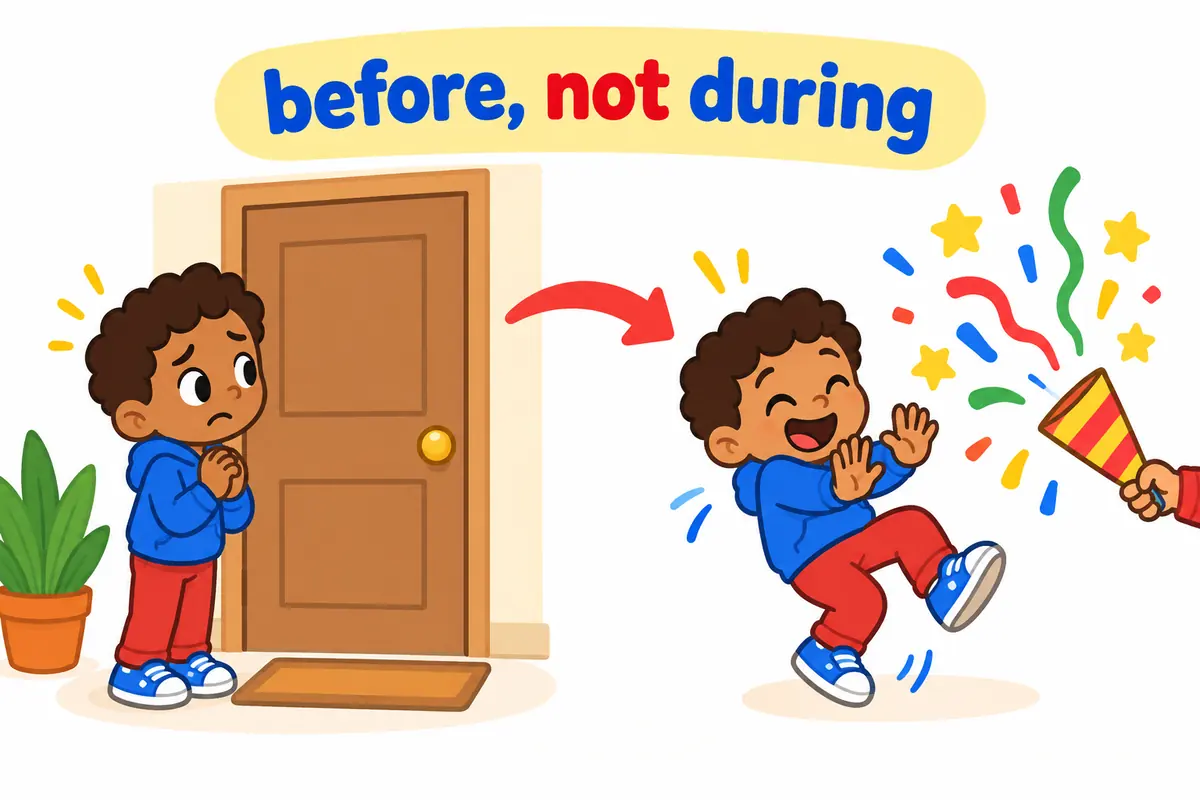 A cartoon shows an anxious child waiting outside a door with a child running happily from a harmless party popper.