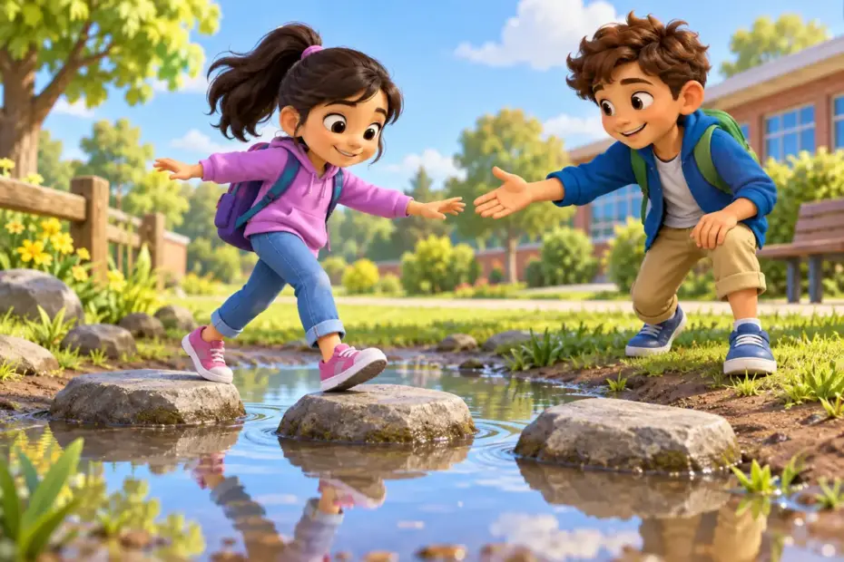 A student crosses a few stepping stones over a puddle while a friend offers a hand.