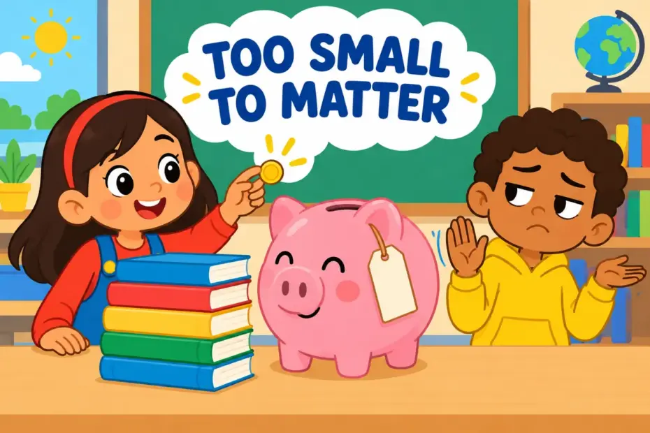 Cartoon pupils compare a tiny coin with a stack of books, showing a trifling amount in a sentence as too small to matter.