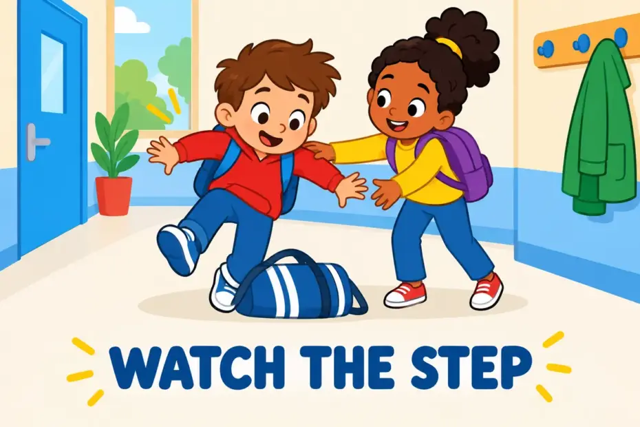 Cartoon child catches a foot on a bag in a hallway, showing trip over in a sentence as stumbling on an obstacle.