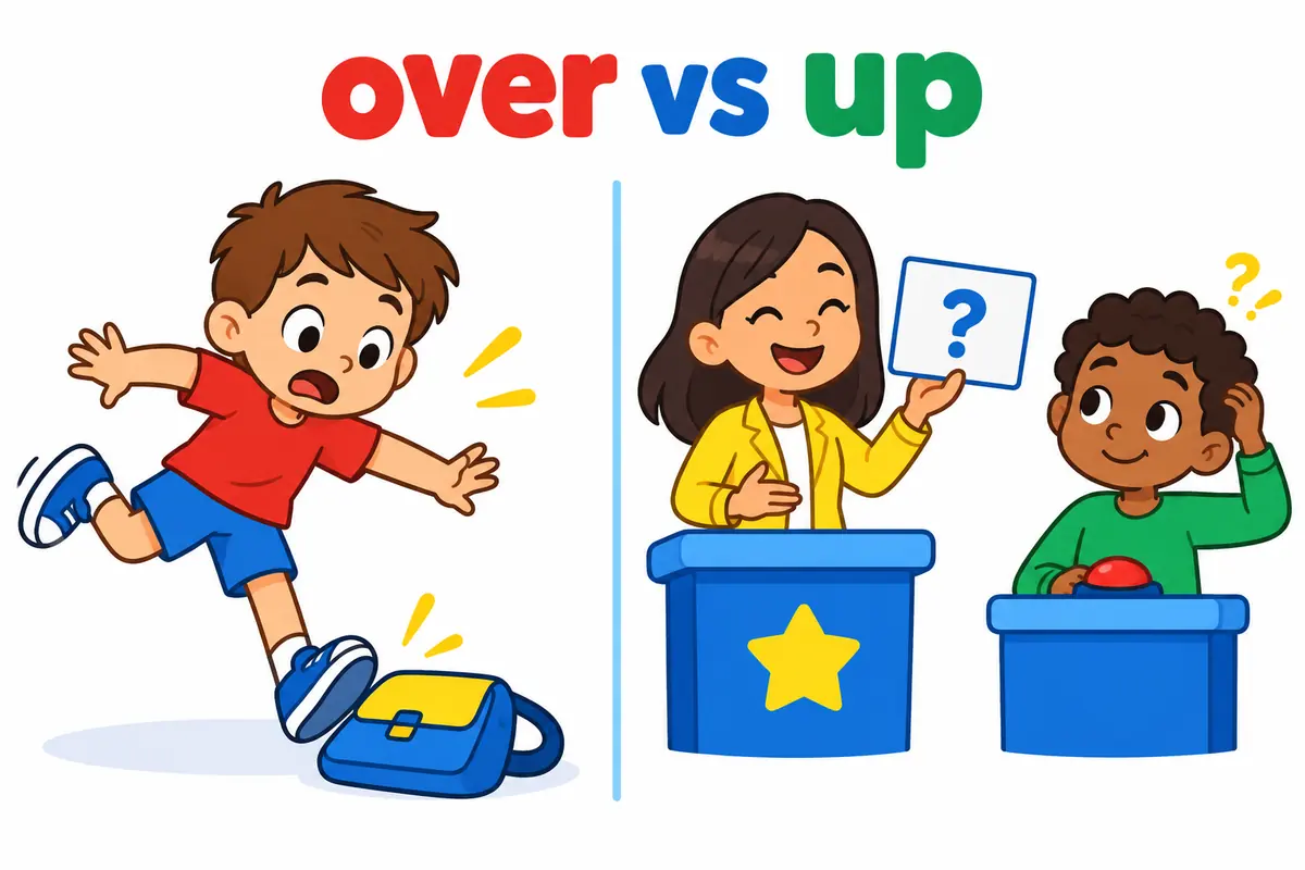 A cartoon split scene contrasts a child catching a foot on a bag with a quizmaster whose question makes another child hesitate.