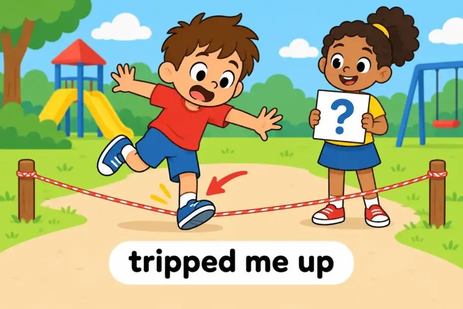 A cartoon child stumbles over a low rope while a classmate holds a tricky quiz card, showing trip up in a sentence as a caused stumble.