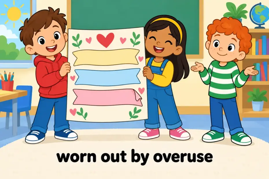 Cartoon children hold a card covered in repeated banners, showing trite in a sentence as an overused phrase.