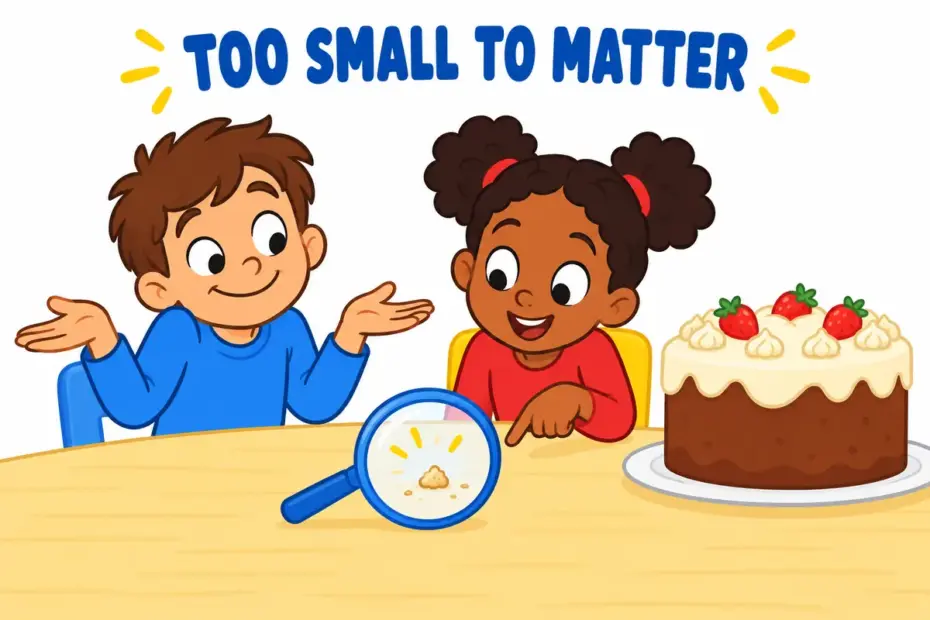 Cartoon children shrug at a tiny crumb on a table, showing trivial in a sentence as something too small to matter.