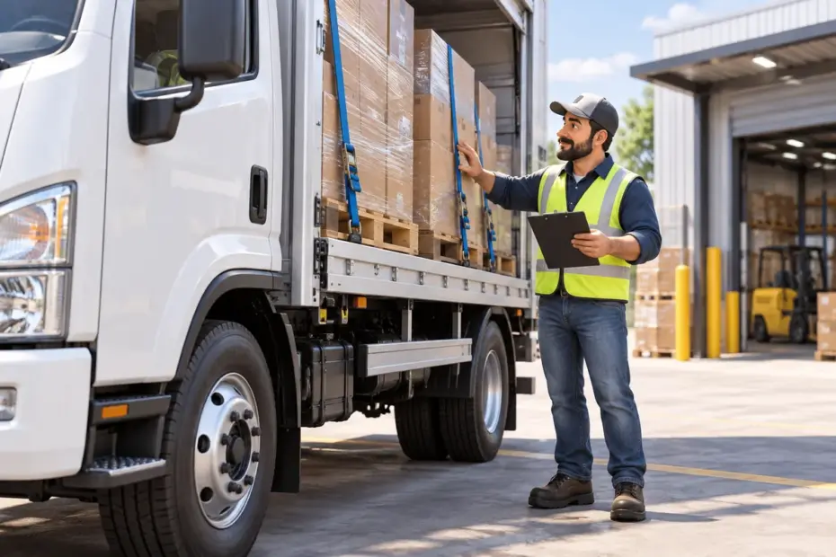 A truck driver checks a delivery truck and secured cargo at a warehouse.