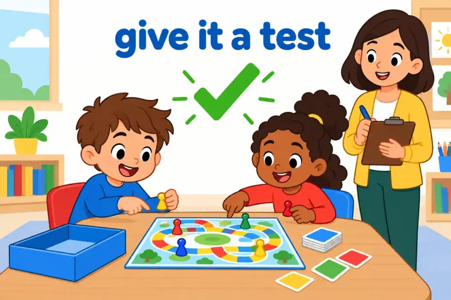 Cartoon children testing a new classroom game show what it means to try out in a sentence.