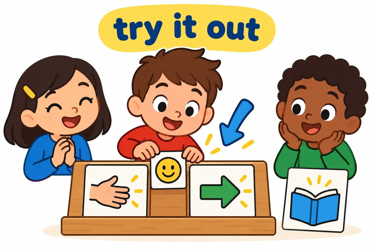 Cartoon cards show a pronoun slotting between try and out while the noun stays after the particle.