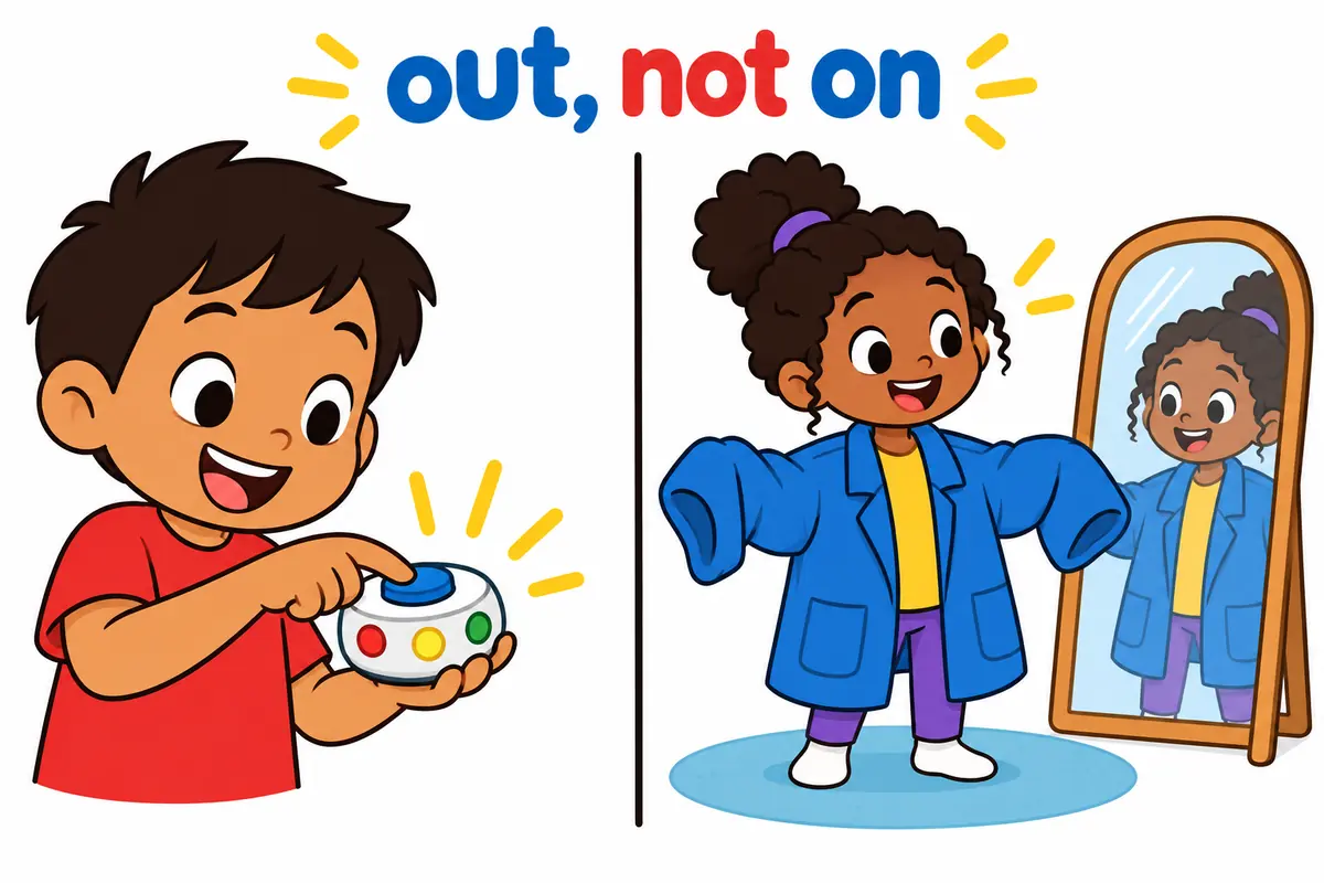 A cartoon split scene contrasts testing a gadget with trying on a jacket, showing try out beside try on.