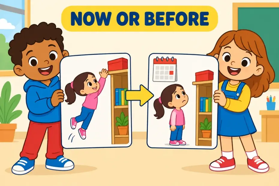 Cartoon pupils compare two labelled cards, one for try and one for tried, showing try vs tried in a sentence.