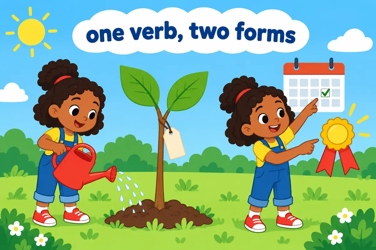 A cartoon single scene shows a single tree trunk labelled try branching into two leaves labelled tried and tries.