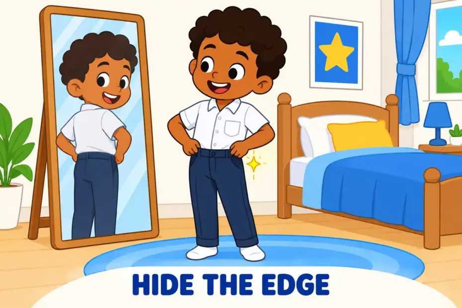 A cartoon child tucks a shirt into trousers in front of a mirror, showing tuck in in a sentence as hiding a loose edge.