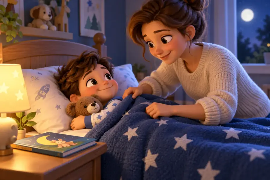 A caregiver gently tucks a child’s blanket around them at bedtime.