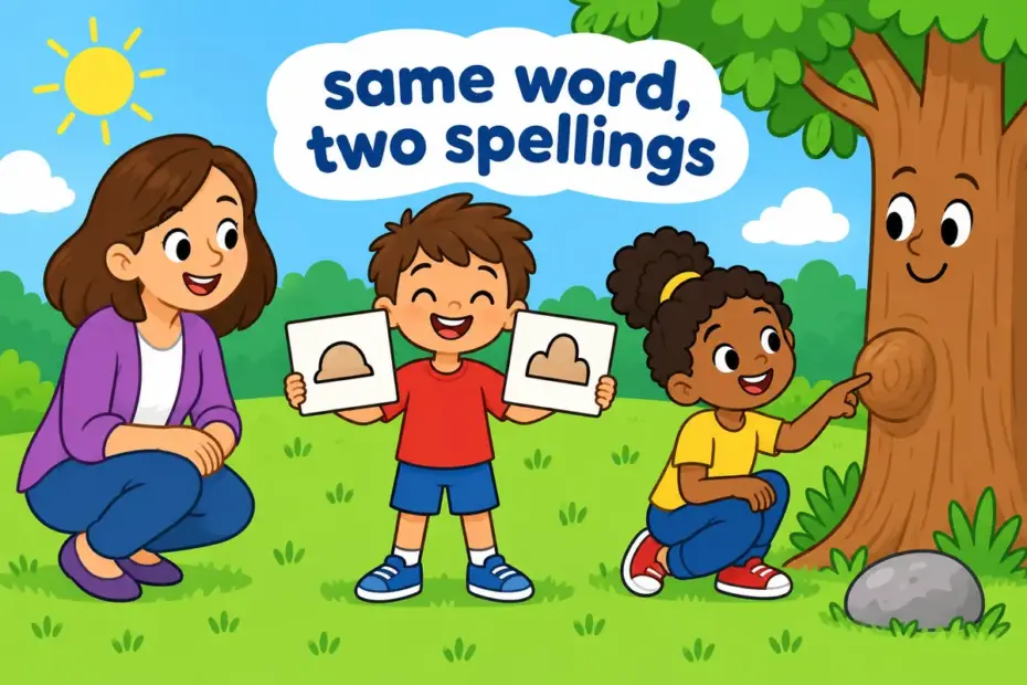 A tumor vs tumour spelling comparison sits beside a harmless tree bump and pebble.