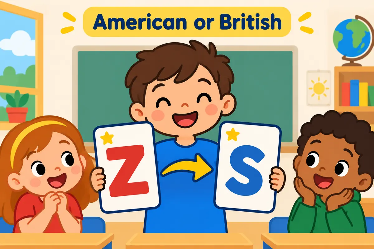 A cartoon clinic sign splits into two boards reading the American -or ending and the British -our ending.