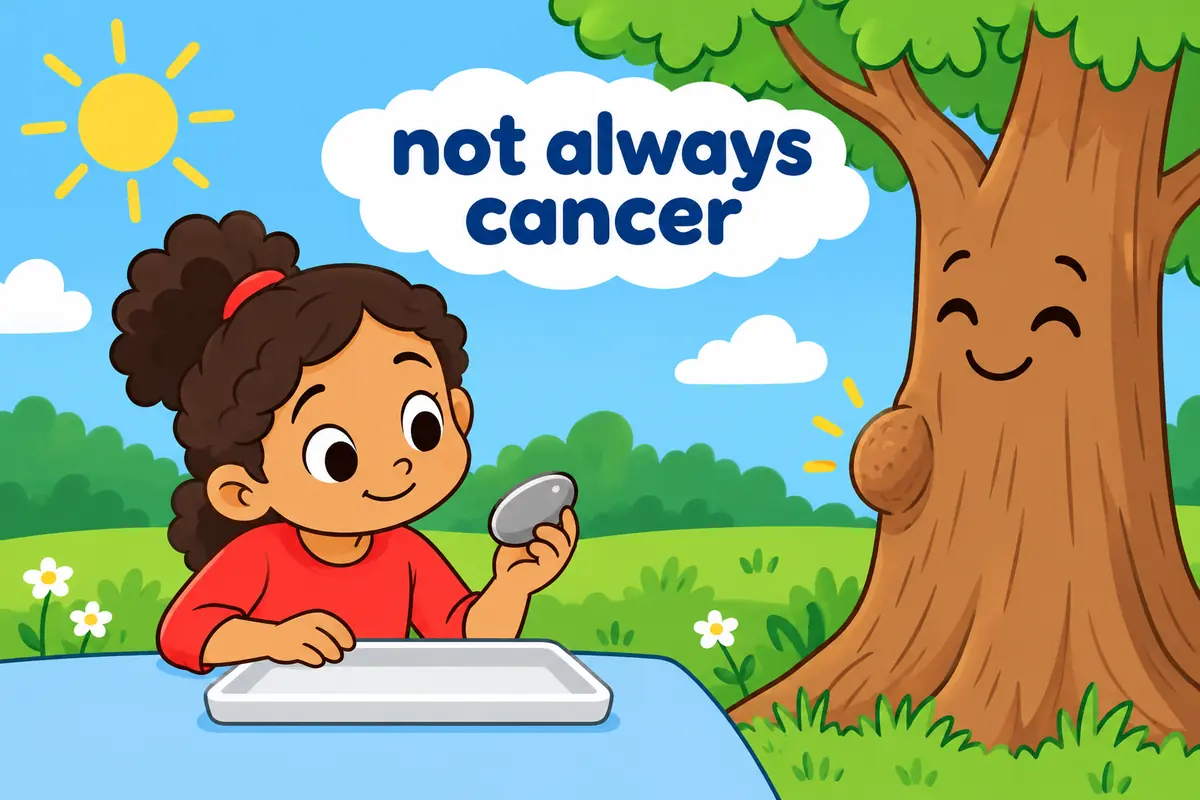 A cartoon contrasts a harmless pebble with a rounded bump on a tree, showing that a growth need not be cancer.