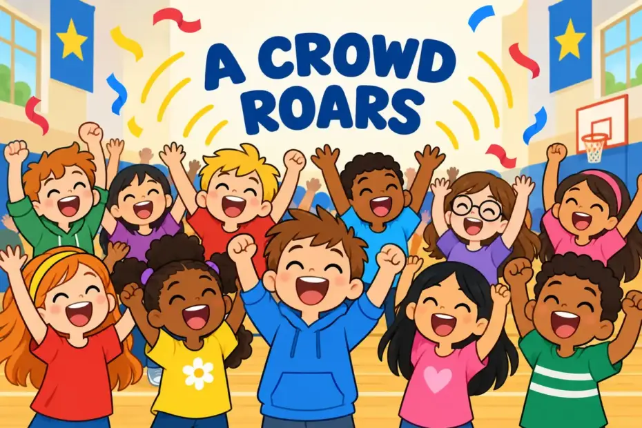 Cartoon pupils cheer at once in a hall, showing tumult in a sentence as a rising wall of noise.